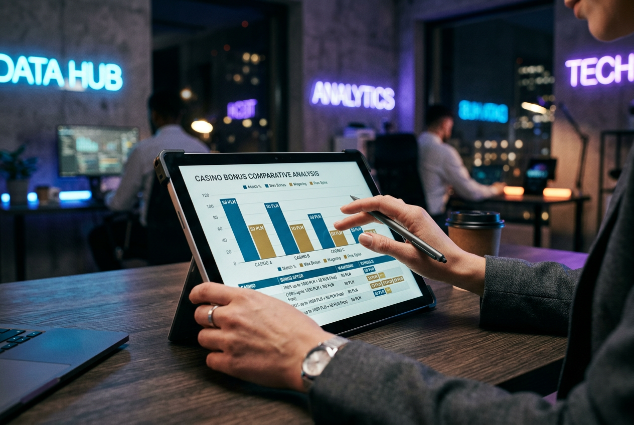Analityk kasynowy weryfikujący warunki bonusu 50 PLN na tablecie