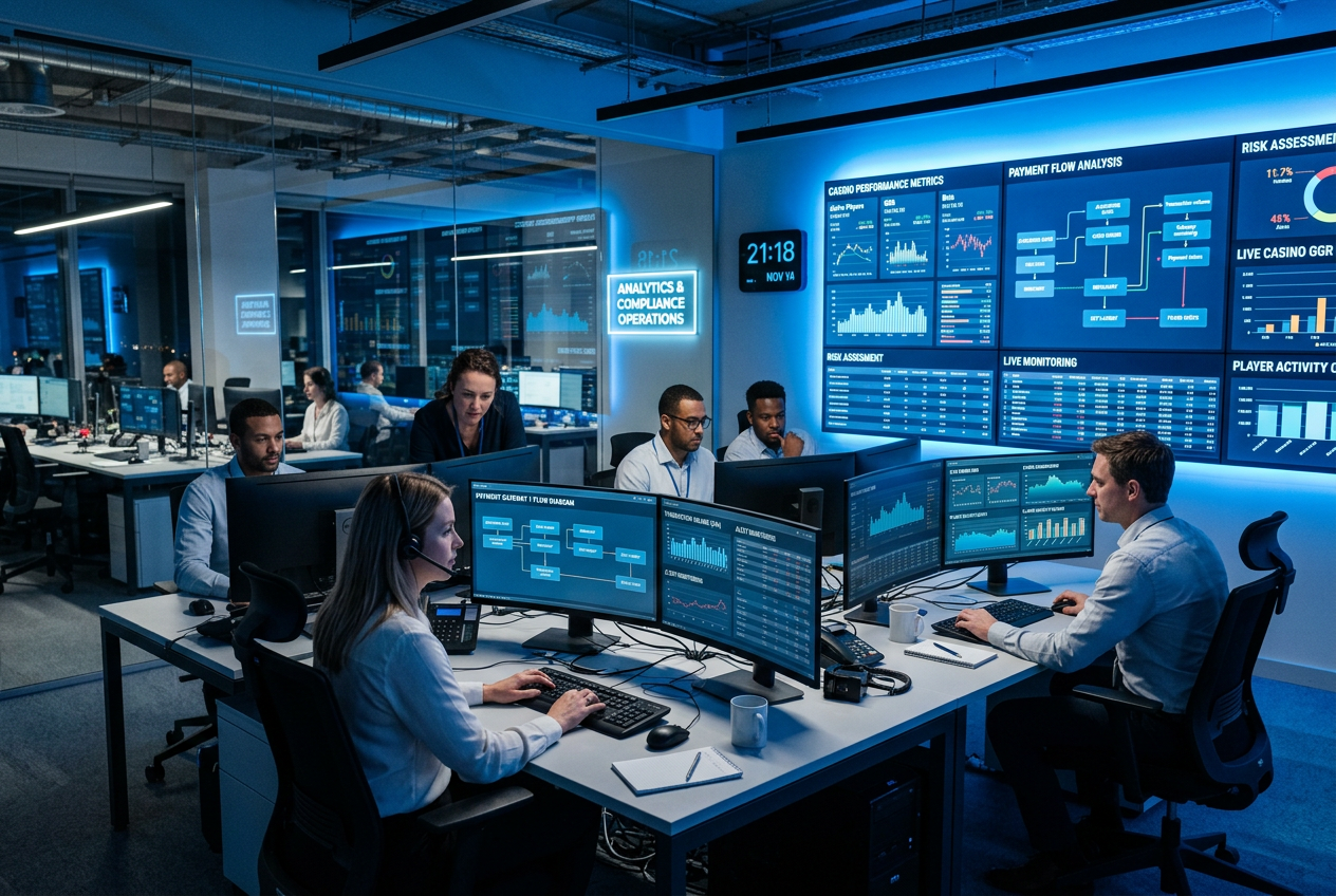 Professional data analysts in a high-tech office monitoring online casino payment performance charts