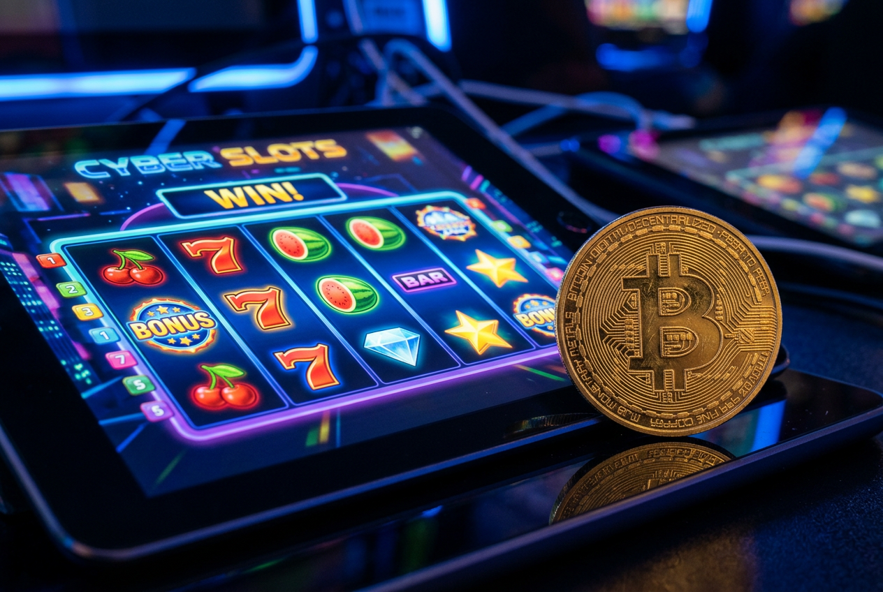 Złota moneta Bitcoin obok nowoczesnych symboli slotów kasynowych na cyfrowym ekranie