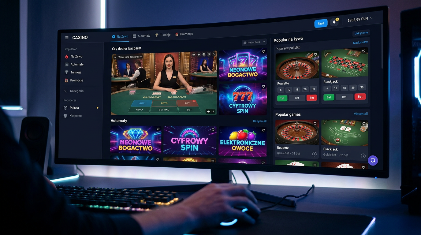Futuristic online casino interface 2026 showing slots and live games