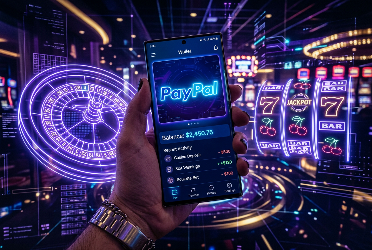 Cyfrowy portfel PayPal na nowoczesnym smartfonie w otoczeniu neonowych elementów kasyna