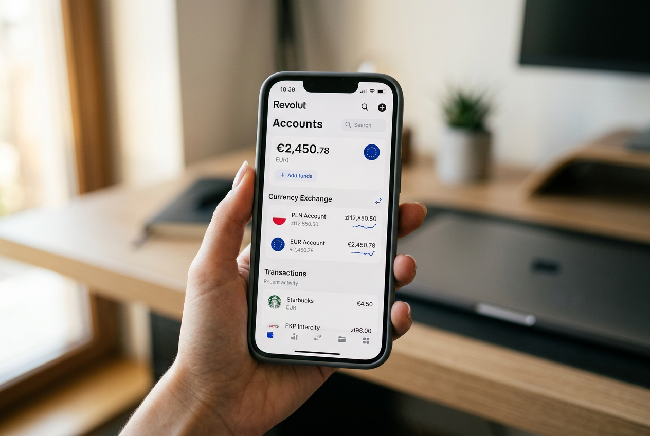 Interfejs aplikacji mobilnej Revolut z zarządzaniem kartami wirtualnymi