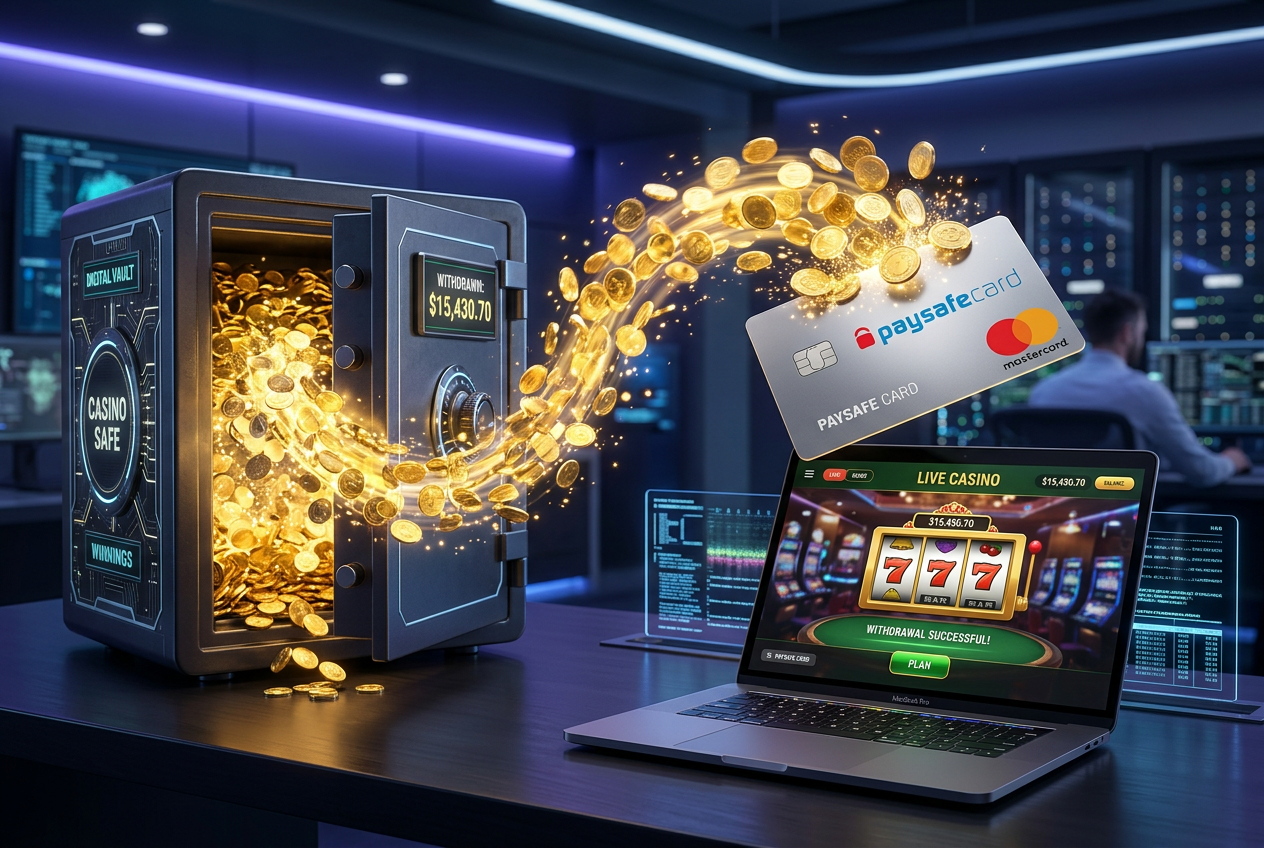 Ilustracja przedstawiająca proces wypłaty środków z kasyna online na kartę Mastercard Paysafecard